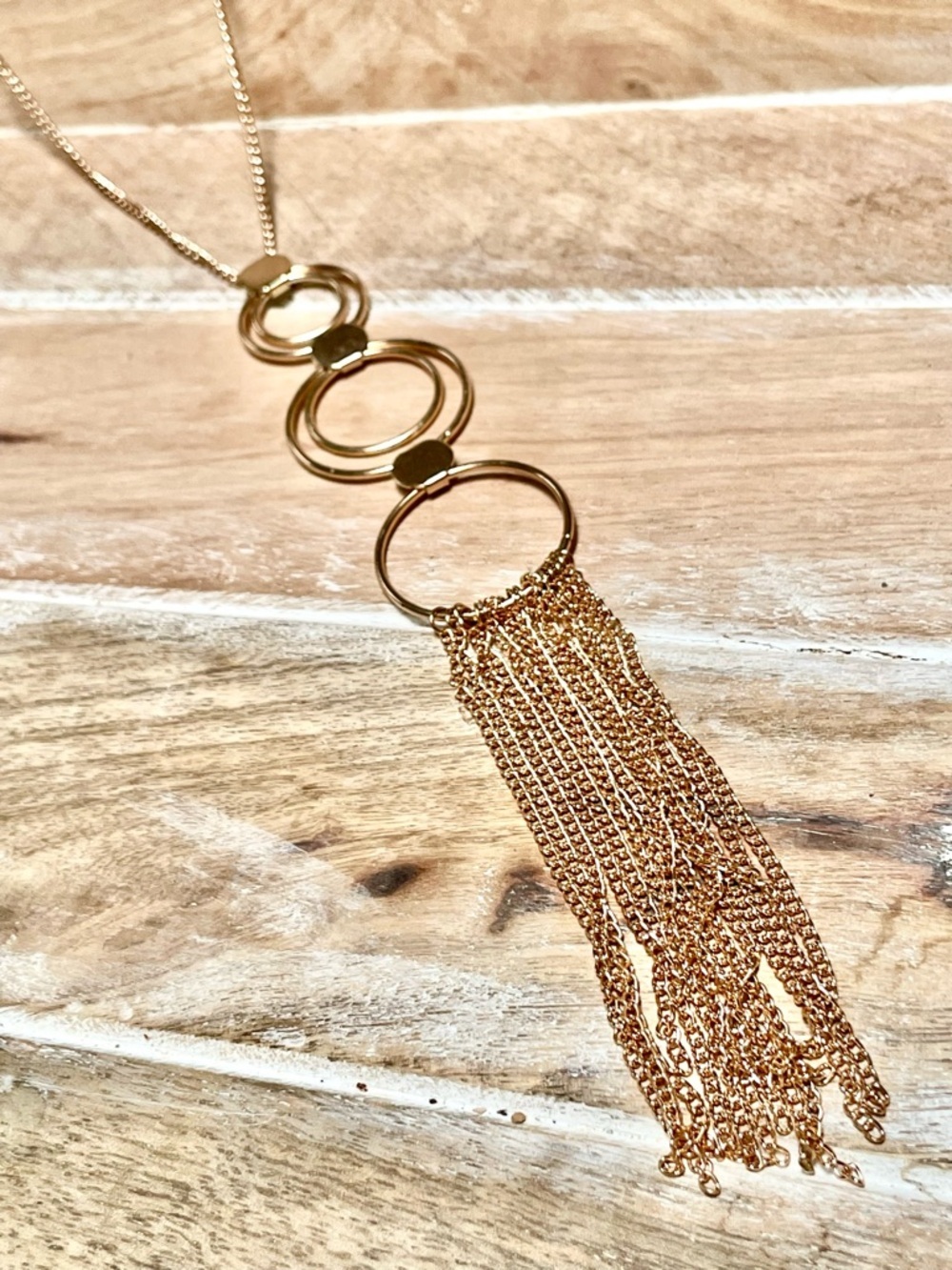Gold-Tone Triple Circle Tassel Necklace for Women